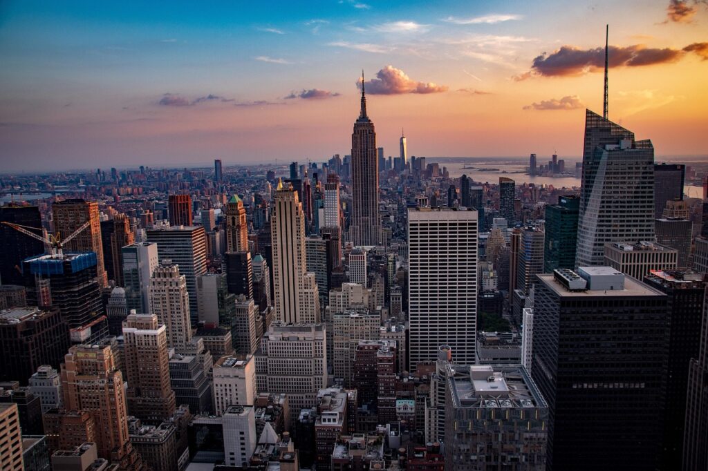 sunset, manhattan, city, skyline, architecture, usa, america, cityscape, nyc, travel, new, skyscraper, downtown, york, view, new york city, dusk, nature, empire, state, empire state building, panoramic, skyscrapers, scenic, yellow, orange
