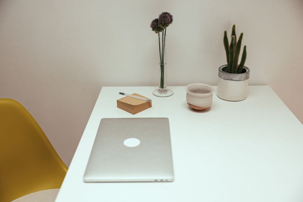 A clean and modern minimalist workspace featuring a laptop, cactus, and decorative elements on a white desk.